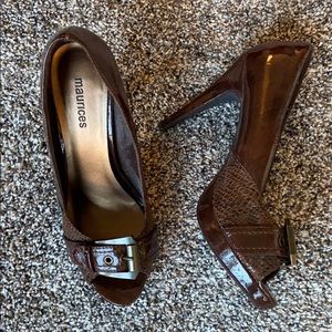 Brown patent leather high heel shoes from Maurices